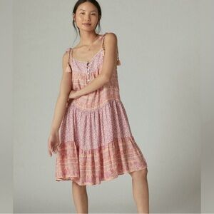 Lucky Brand Mixed Print Tie Sleeve Tiered Dress size S